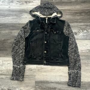 Free People Two Toned Black Gray Women S Grunge Hooded Knit Denim Trucker Jacket